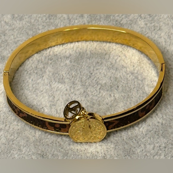 Black & Gold Tone Bangle Bracelet with Leather Inlay - Picture 3 of 7